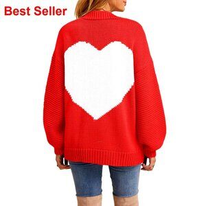 Oversized Knit Cardigan with Heart Patch, Long Sleeve Open Front Sweater
